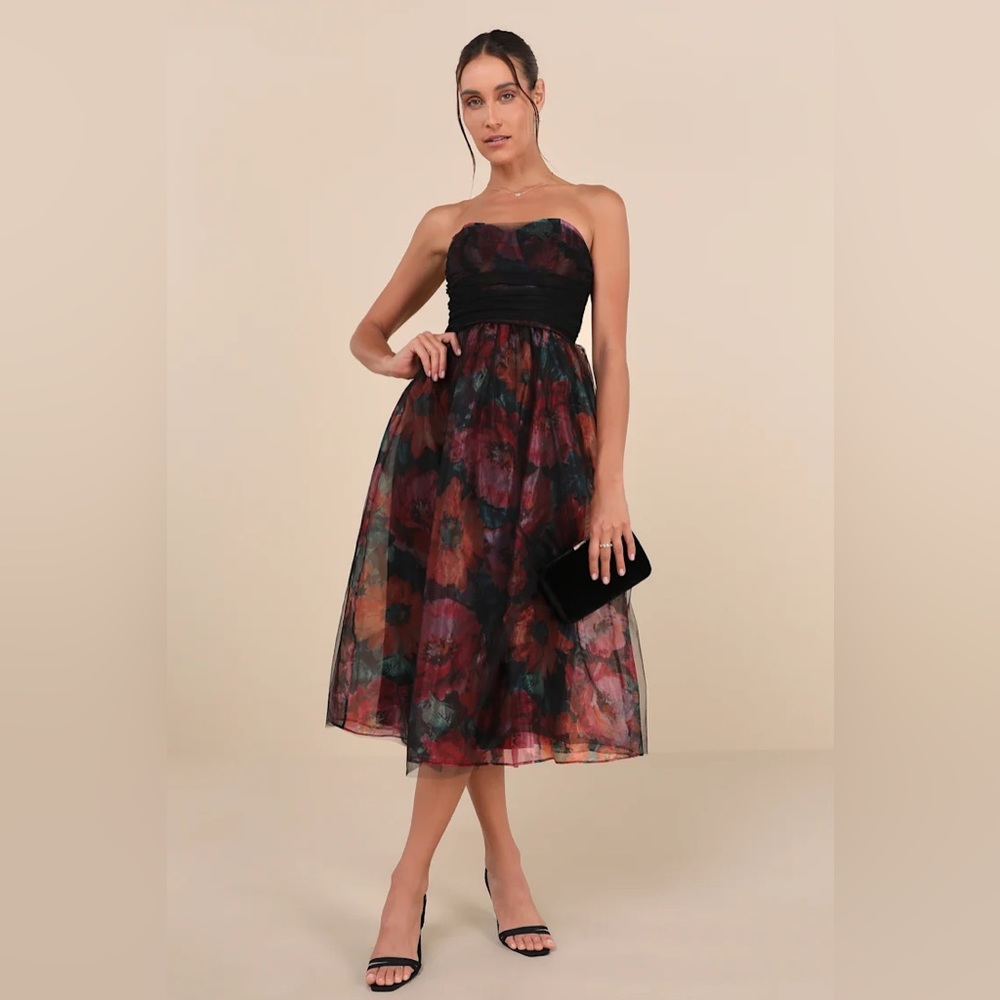 Lulu’s Splendidly Yours Black Floral Organza Mesh Strapless Midi Dress Size Lrg